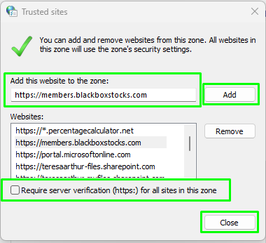 Windows trusted Sites