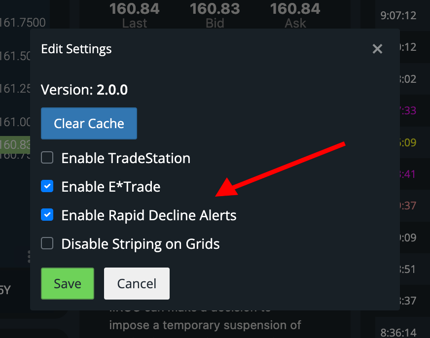 User Settings Panel and Enable Rapid Decline Alerts Button